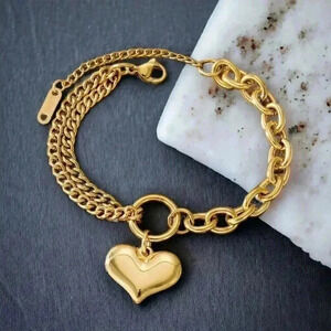 🆕️Stunning 18K Gold Plated Bracelet Heart 💖 Pendant - Double-Layered Charm
